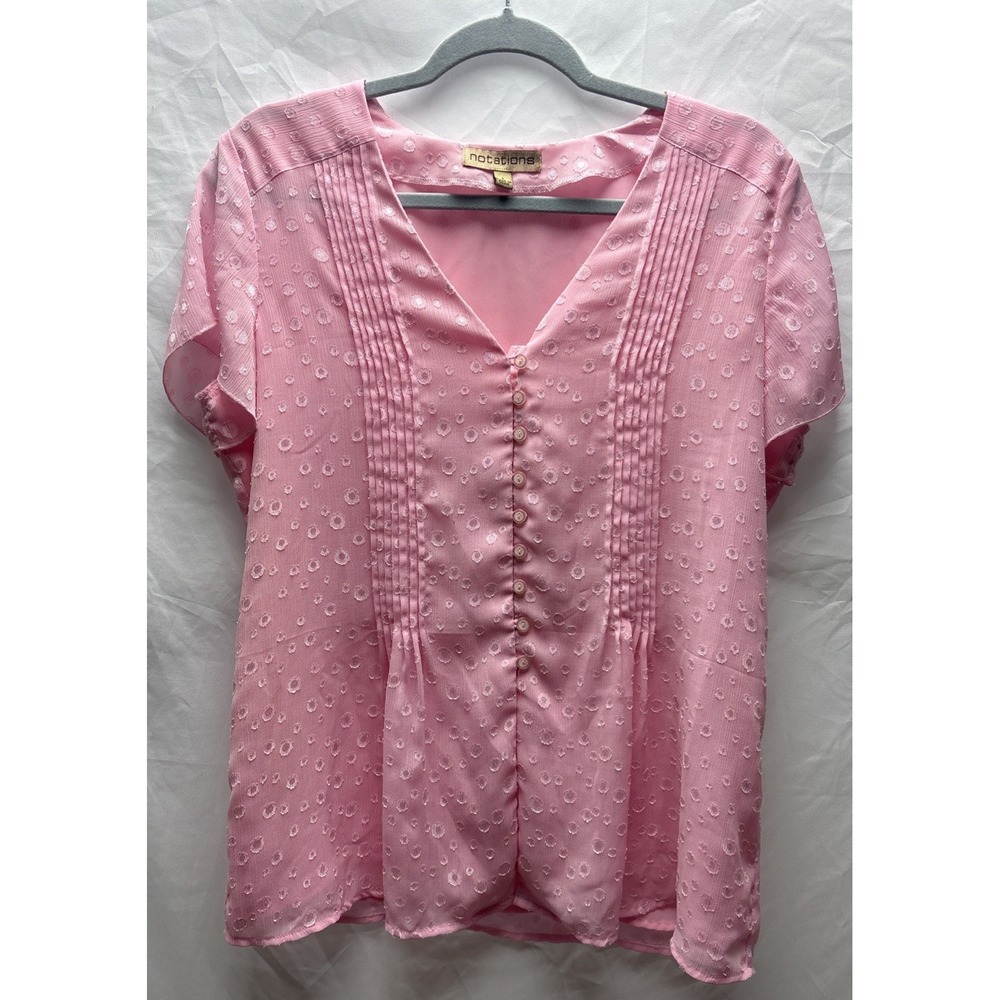 Notations Womens Pink Textured Blouse Pintuck Button Front V Neck Shrt Sleeve Lg